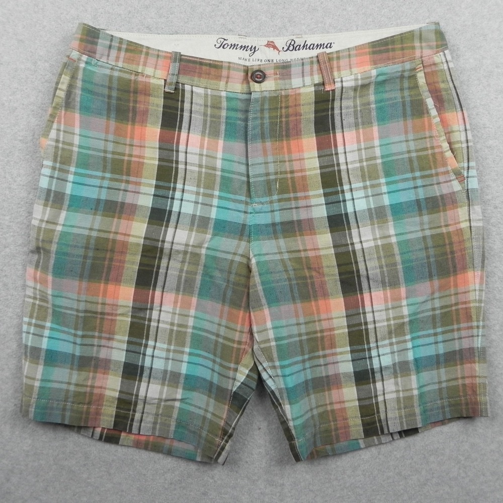Tommy Bahama Shorts Mens 36 Linen Blend Chino Resort Casual Flat Front Plaid